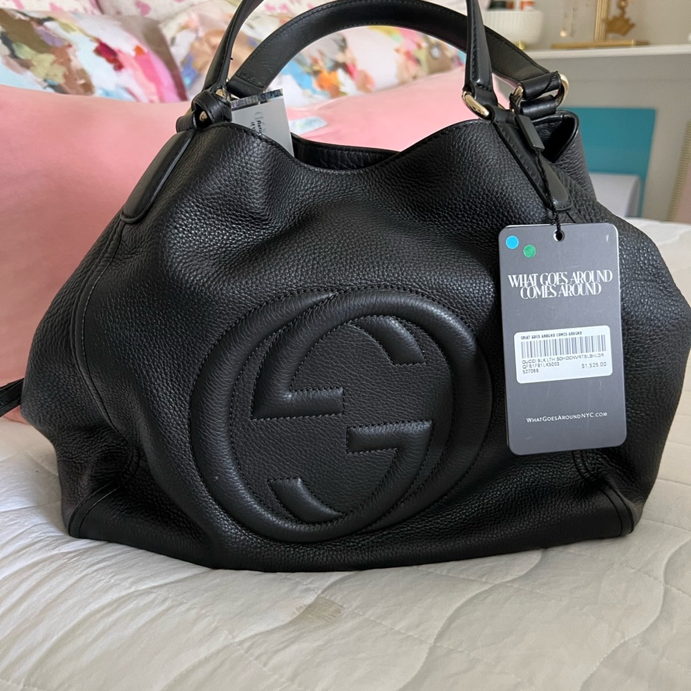 Gucci Black Pebbled Leather Tote with Embossed Interlocking GG